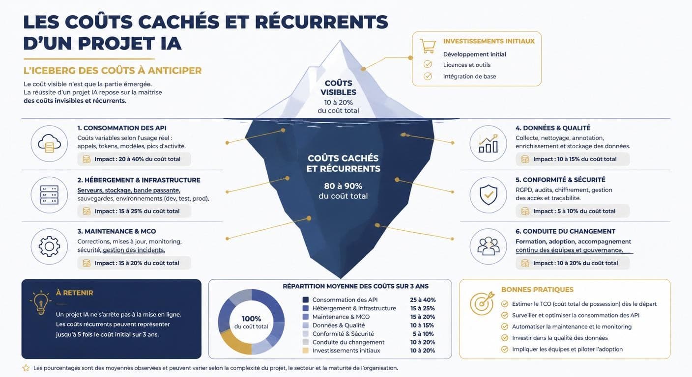 Infographie des coûts cachés et récurrents d'un projet IA en PME