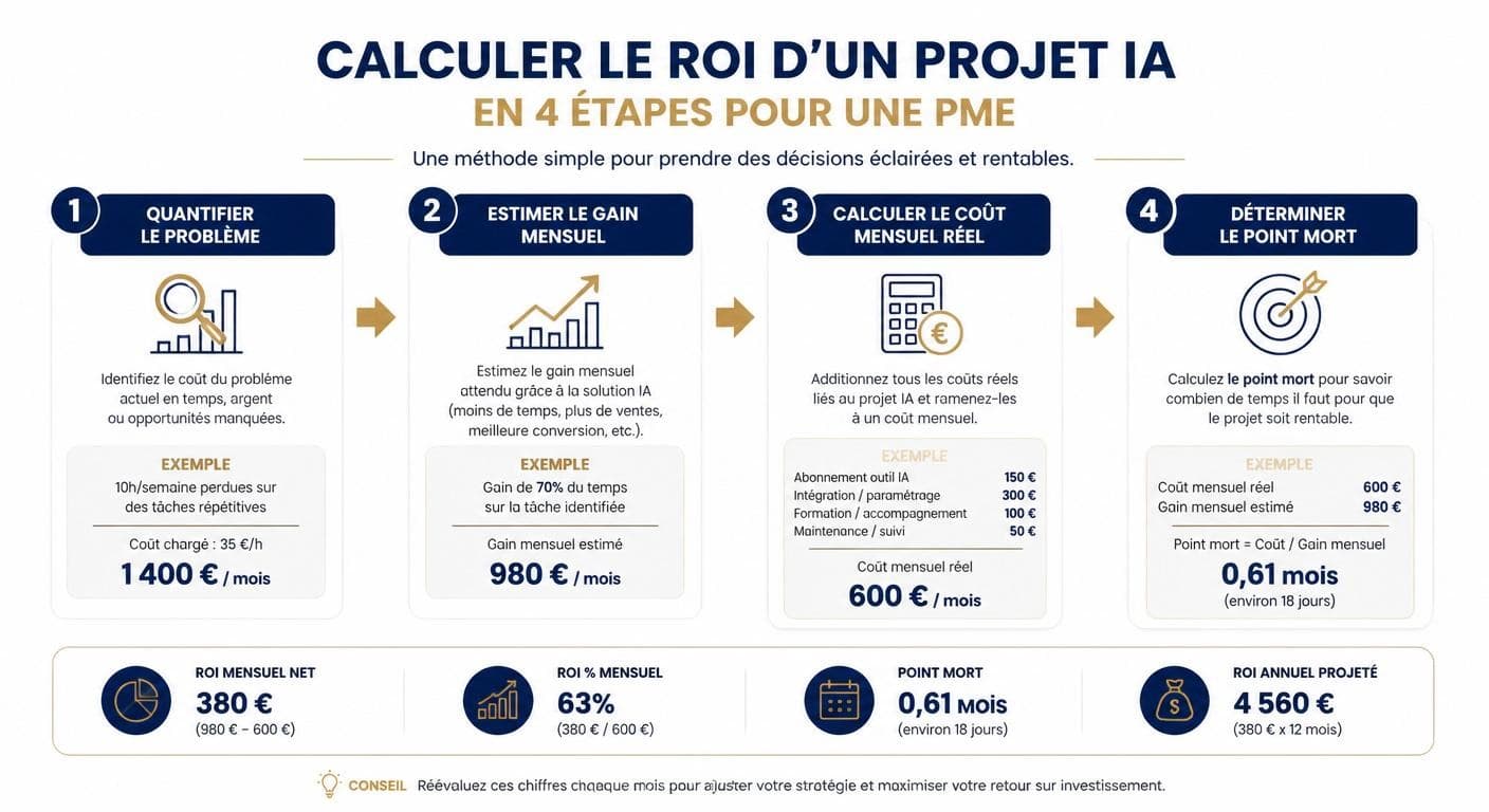 Infographie du calcul de ROI d'un projet IA en 4 étapes
