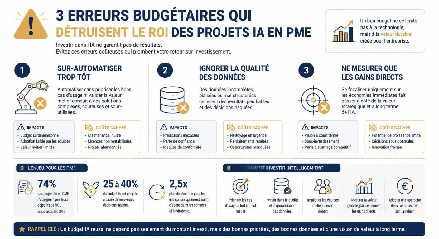 Infographie des 3 erreurs budgétaires qui détruisent le ROI d'un projet IA
