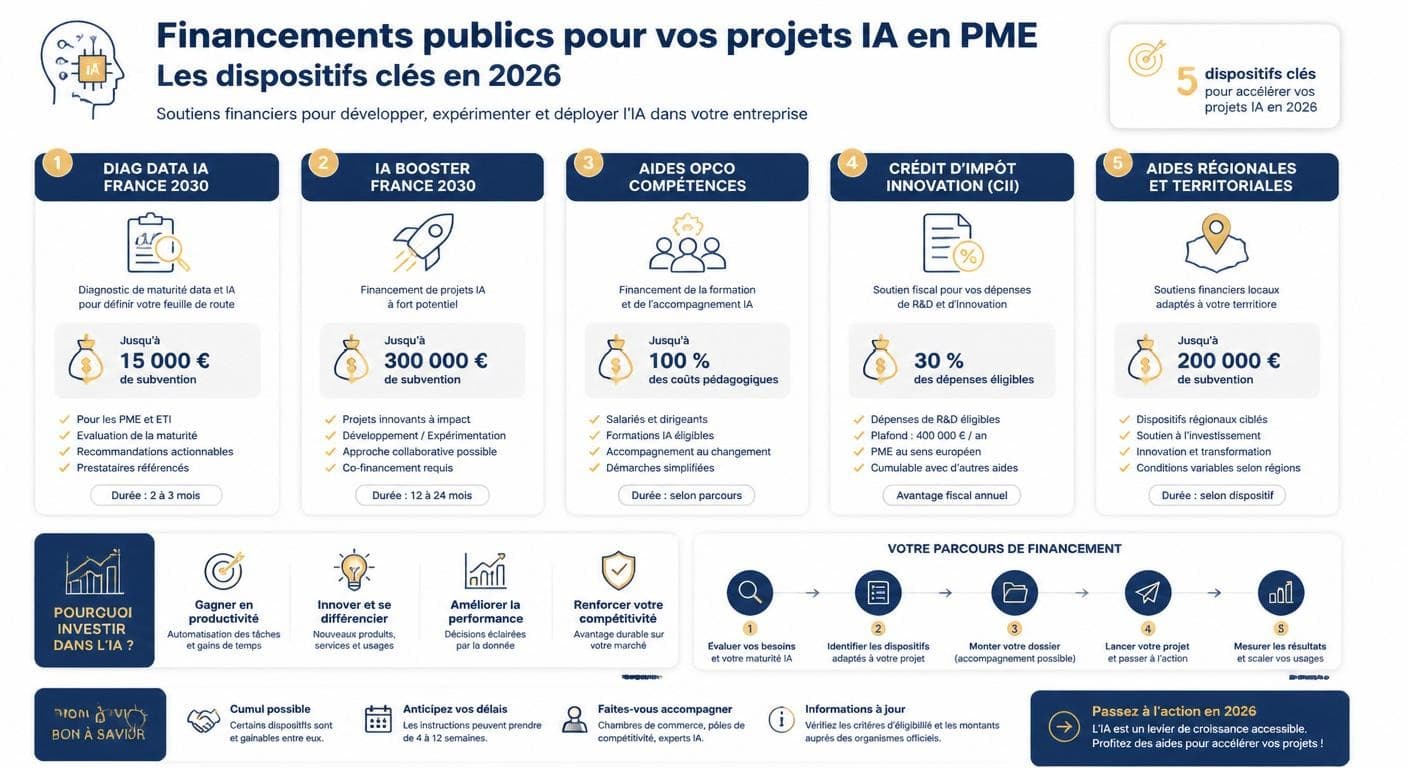 Infographie des aides publiques pour financer un projet IA en PME en 2026