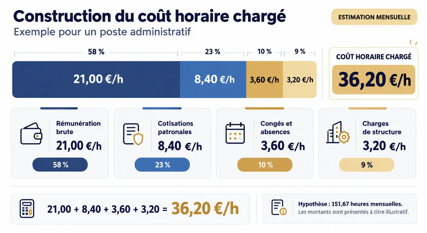Infographie de la composition d'un coût horaire chargé pour un poste administratif