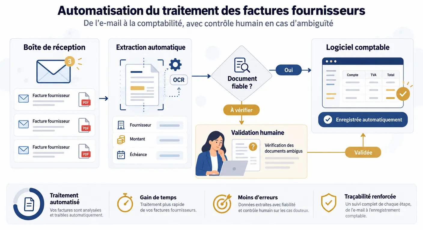 Infographie du flux de ressaisie des pièces fournisseurs dans un cabinet comptable