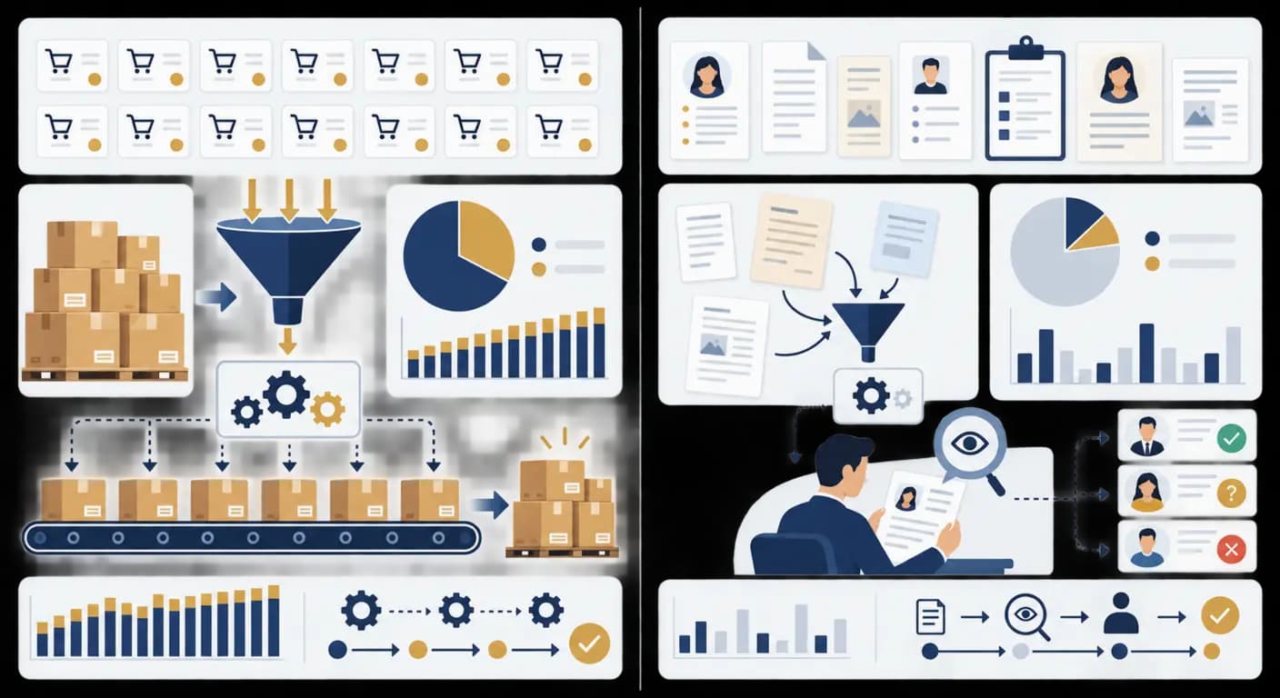 Infographie opposant volume structuré en e-commerce et variabilité documentaire en recrutement