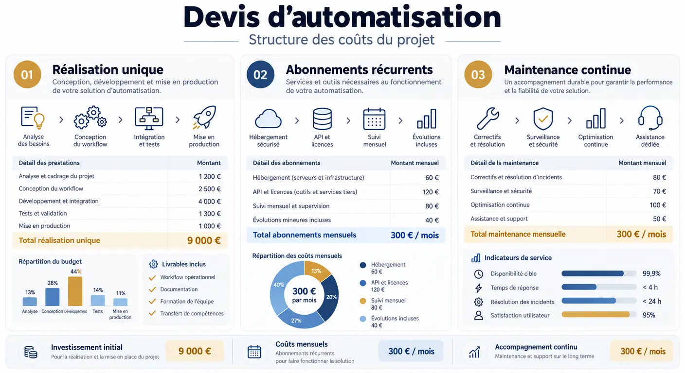 Infographie d'un devis d'automatisation séparant réalisation, abonnements et maintenance
