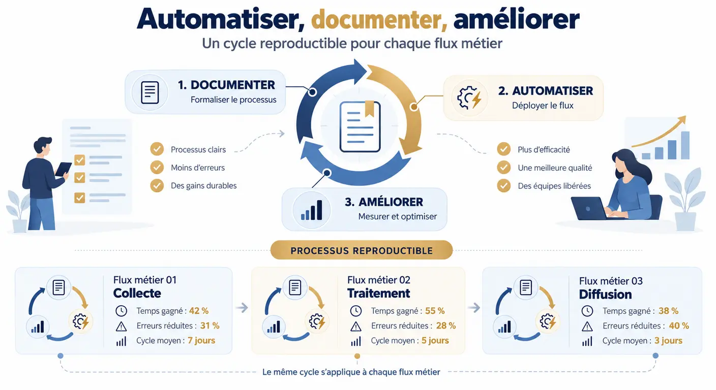 Infographie du cycle de chiffrage et d'automatisation appliqué aux flux suivants