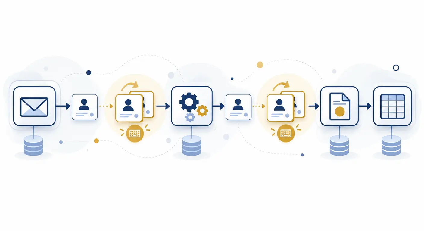 Schéma du parcours d'une donnée client entre cinq logiciels avec deux points de ressaisie