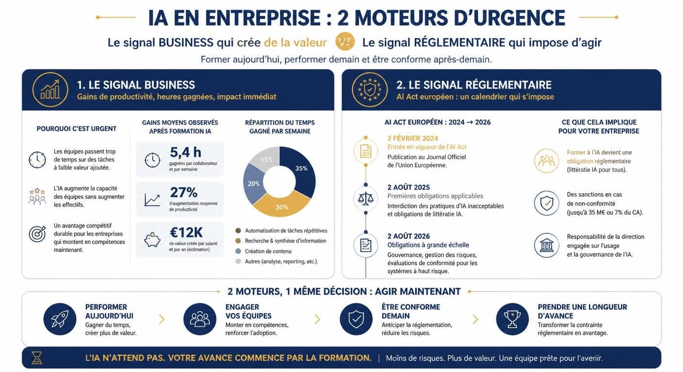 Infographie des deux moteurs d'urgence de la formation IA en entreprise : gain de productivité et conformité AI Act
