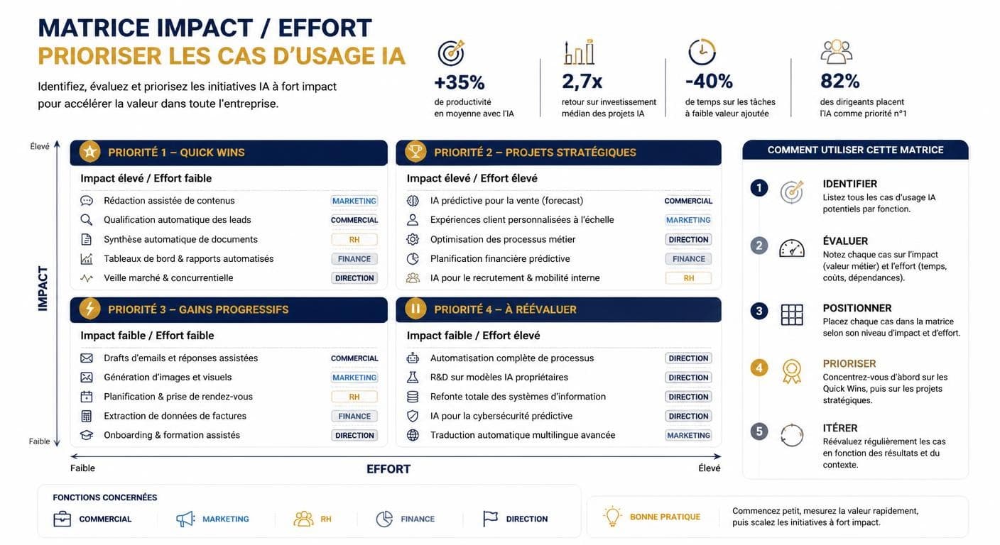 Infographie de la matrice impact/effort pour prioriser les cas d'usage IA par métier