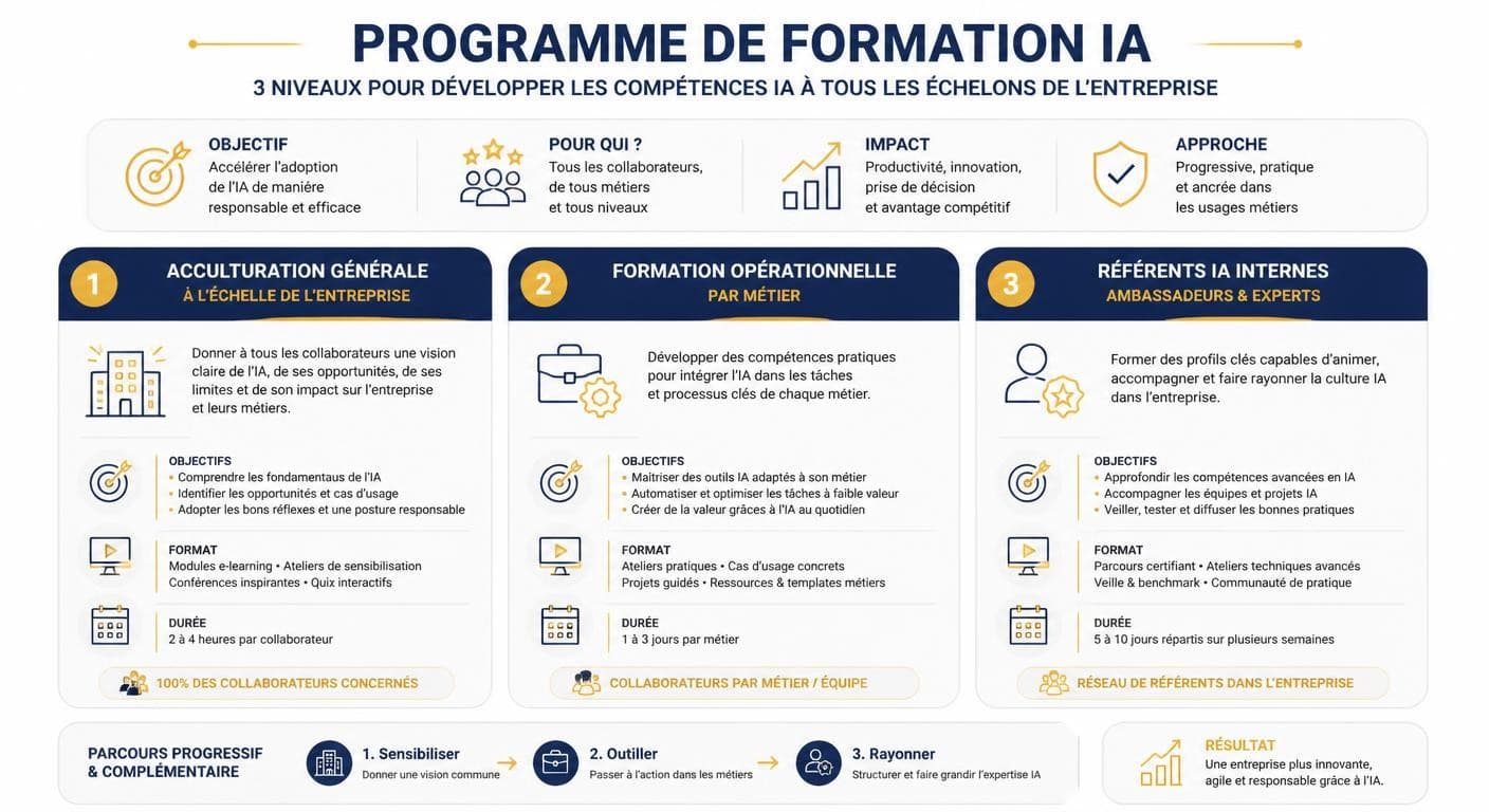 Infographie du programme de formation IA structuré en trois niveaux progressifs