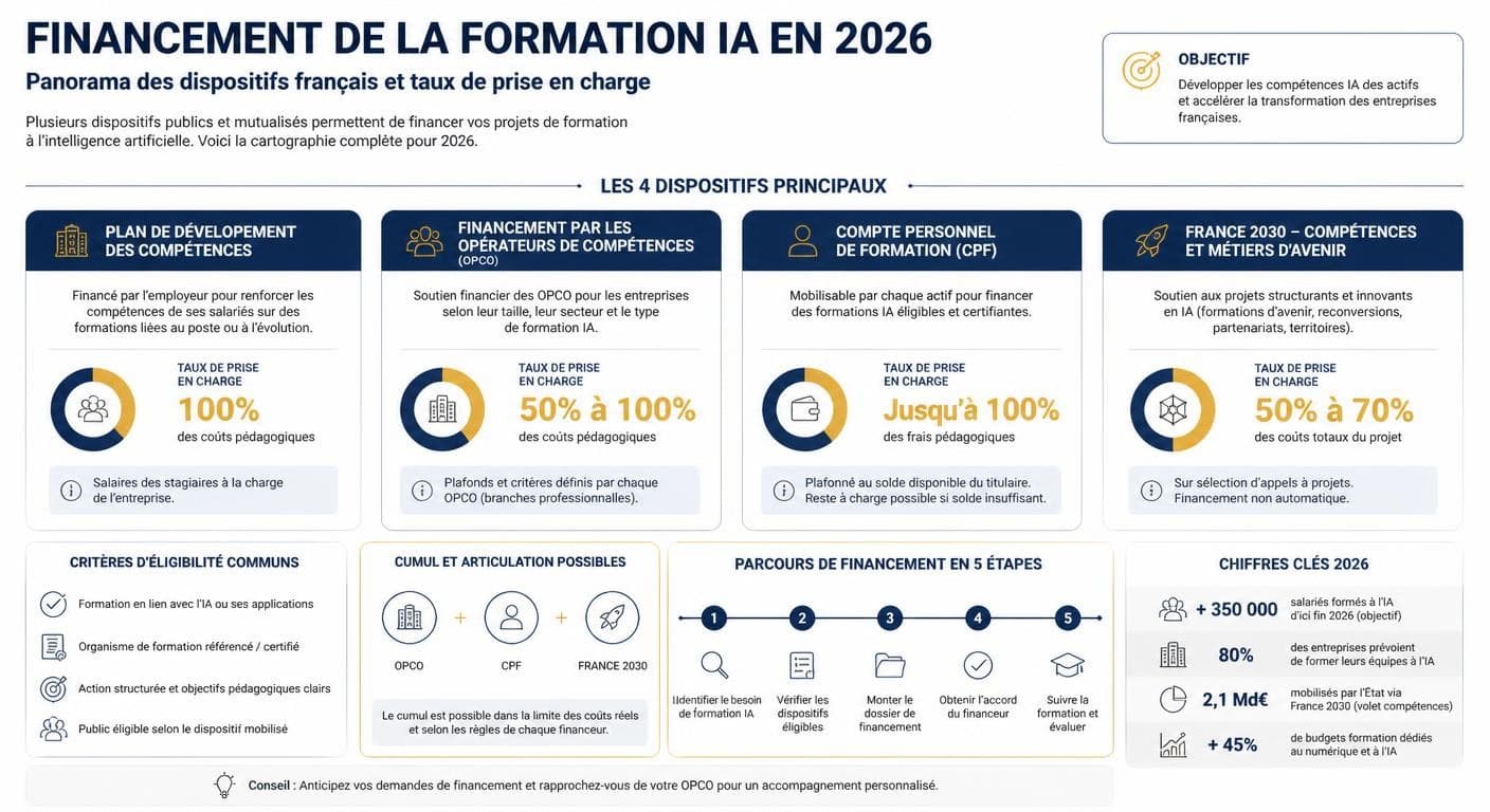 Infographie des dispositifs de financement de la formation IA en entreprise en 2026