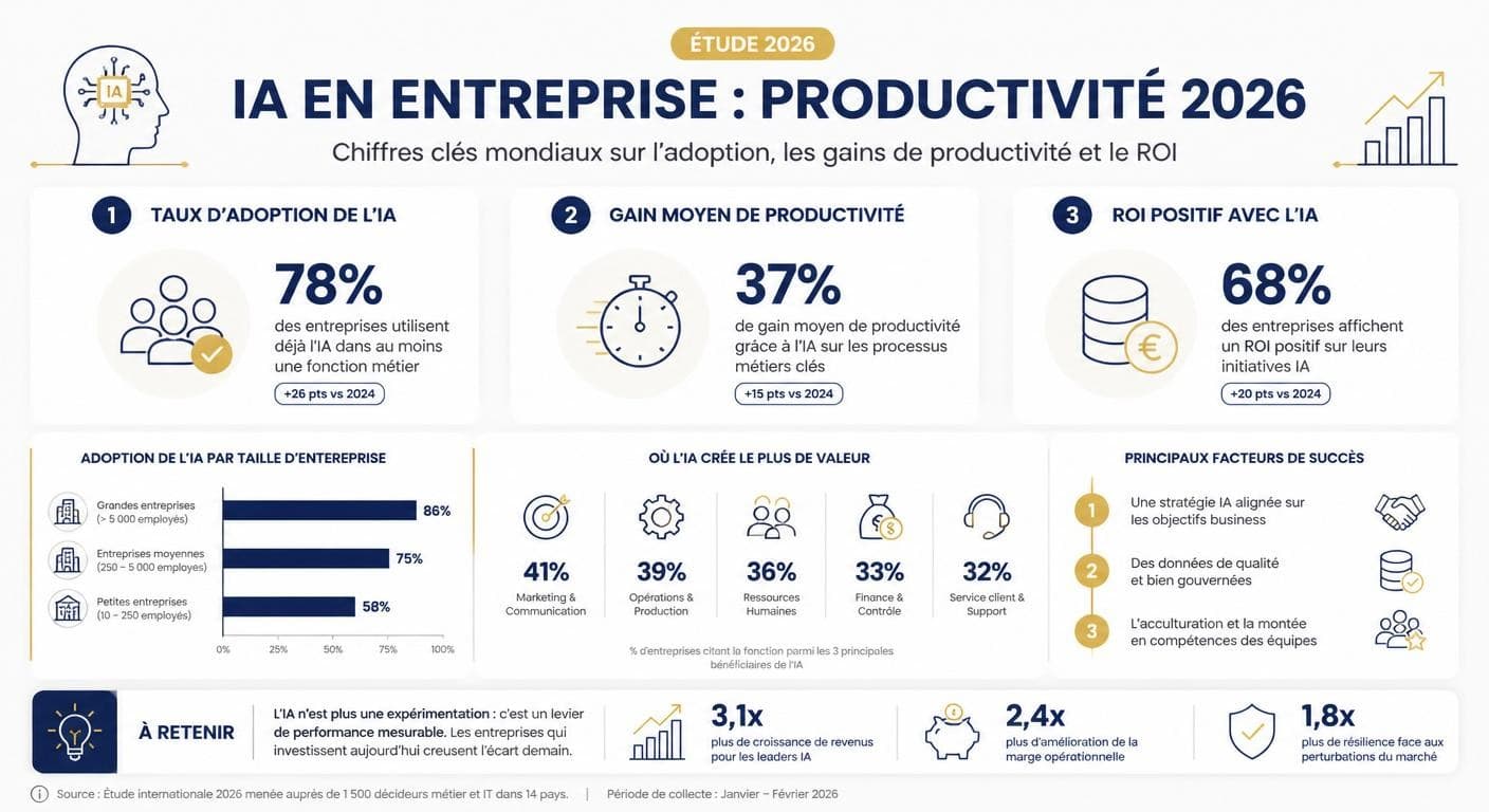Infographie des chiffres clés de productivité de l'IA en entreprise en 2026