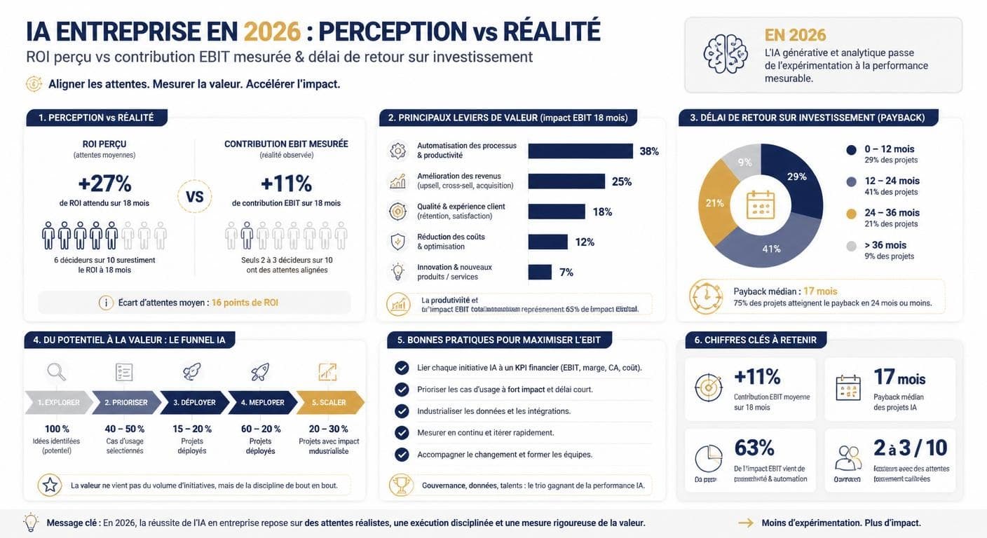 Infographie du ROI de l'IA en entreprise en 2026 : ROI perçu, délai de retour et contribution à l'EBIT
