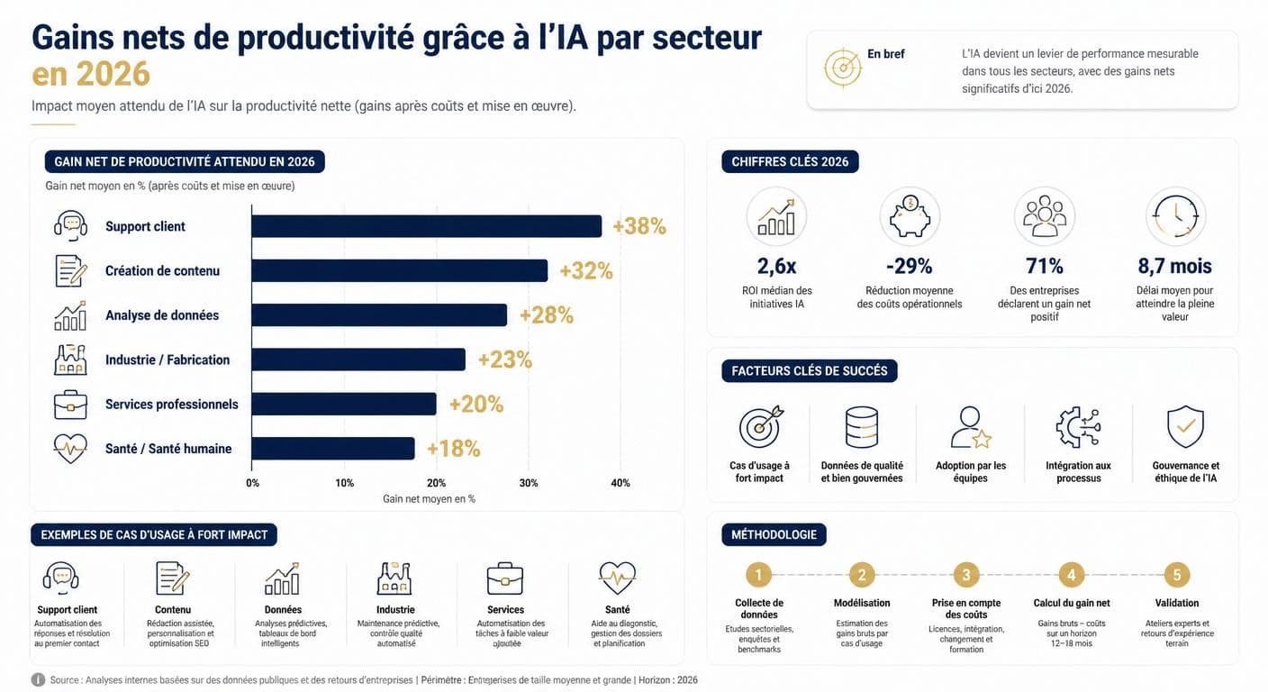 Infographie des gains de productivité de l'IA par secteur d'activité en 2026