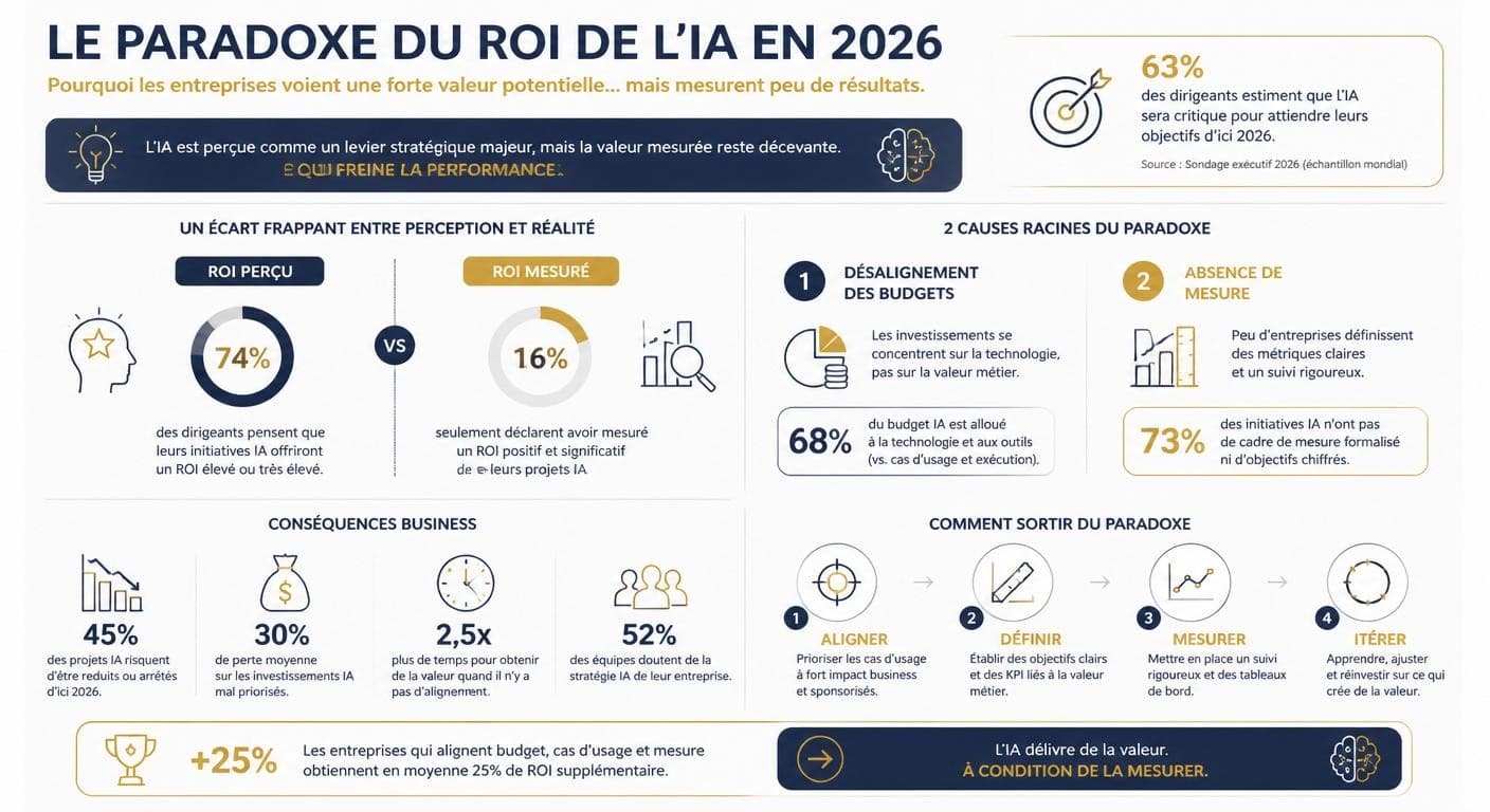 Infographie du paradoxe du ROI de l'IA en 2026 et de ses deux causes racines