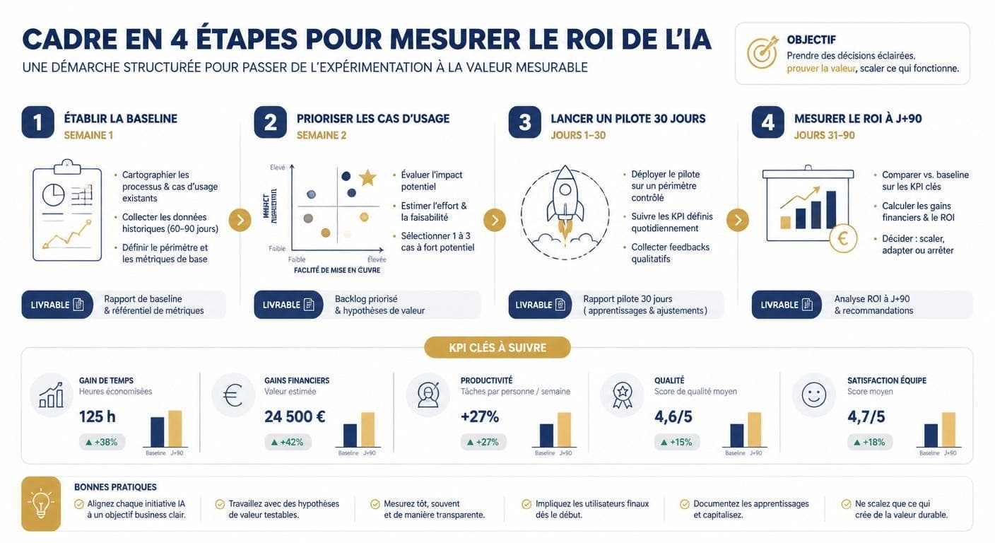 Infographie du cadre de mesure du ROI de l'IA en quatre étapes