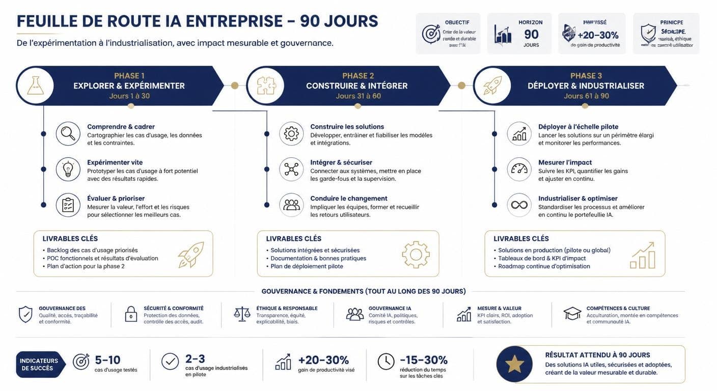 Infographie de la feuille de route de 90 jours pour industrialiser un projet IA en entreprise