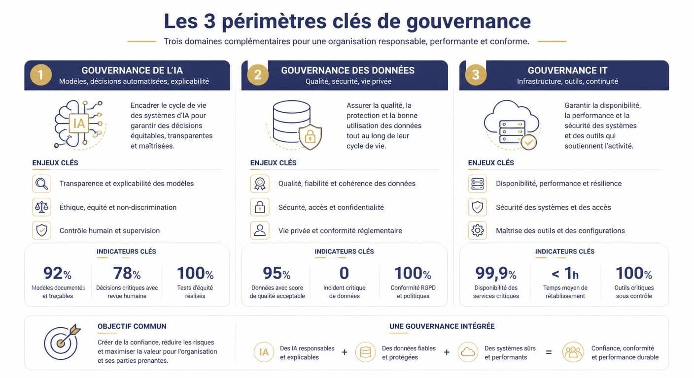 Infographie comparant gouvernance de l'IA, gouvernance des données et gouvernance IT