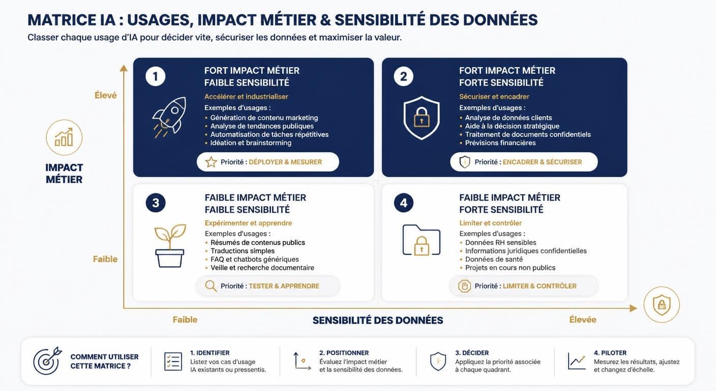 Infographie en matrice de criticité classant les usages d'IA selon l'impact métier et la sensibilité des données