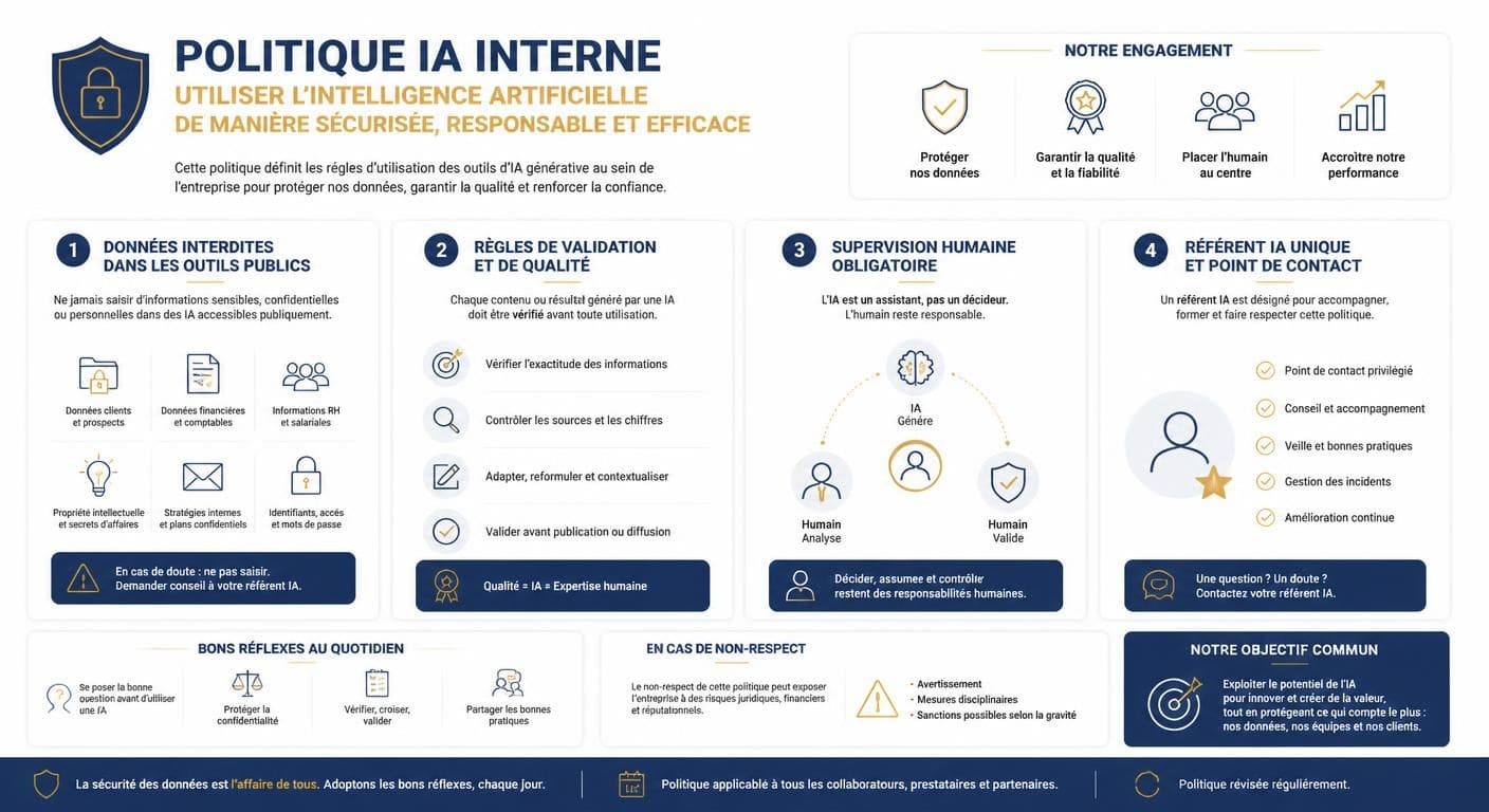 Infographie d'une politique IA interne actionnable et de ses rubriques clés