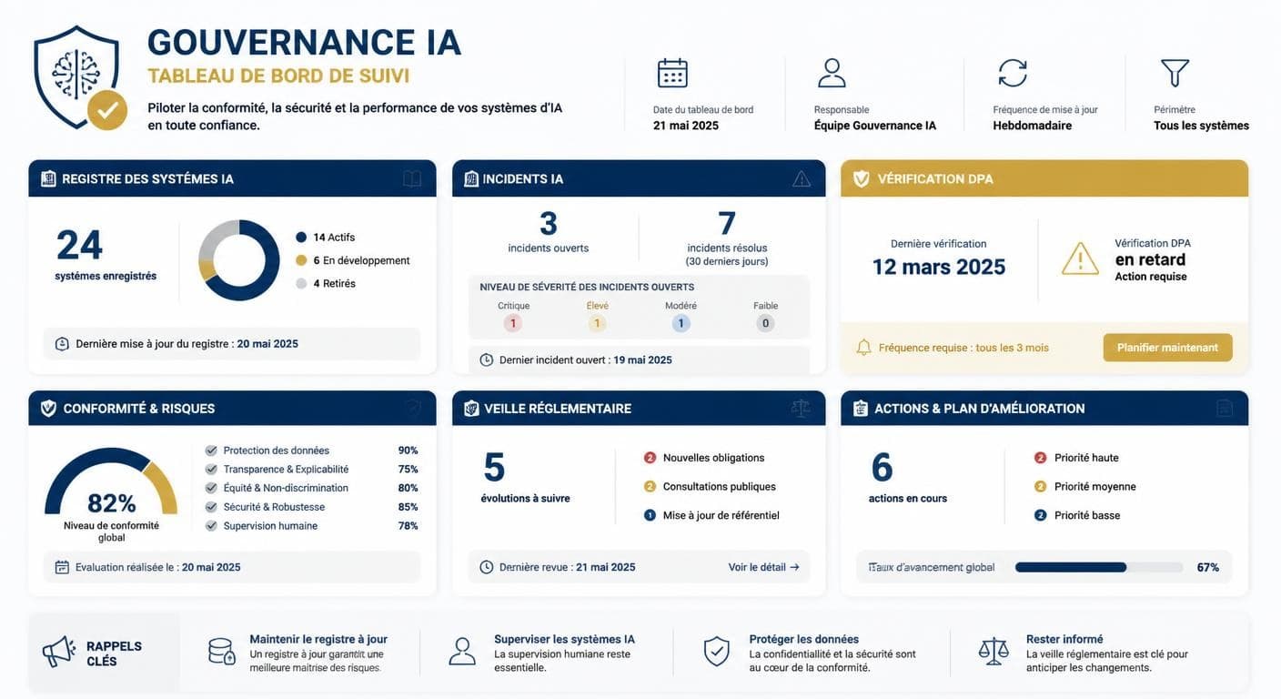 Infographie d'un tableau de bord de suivi de la gouvernance IA dans la durée