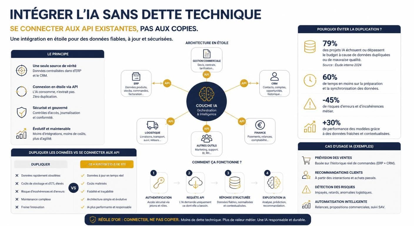 Infographie sur l'intégration de l'IA sans dette technique via les API existantes de l'ERP et du CRM