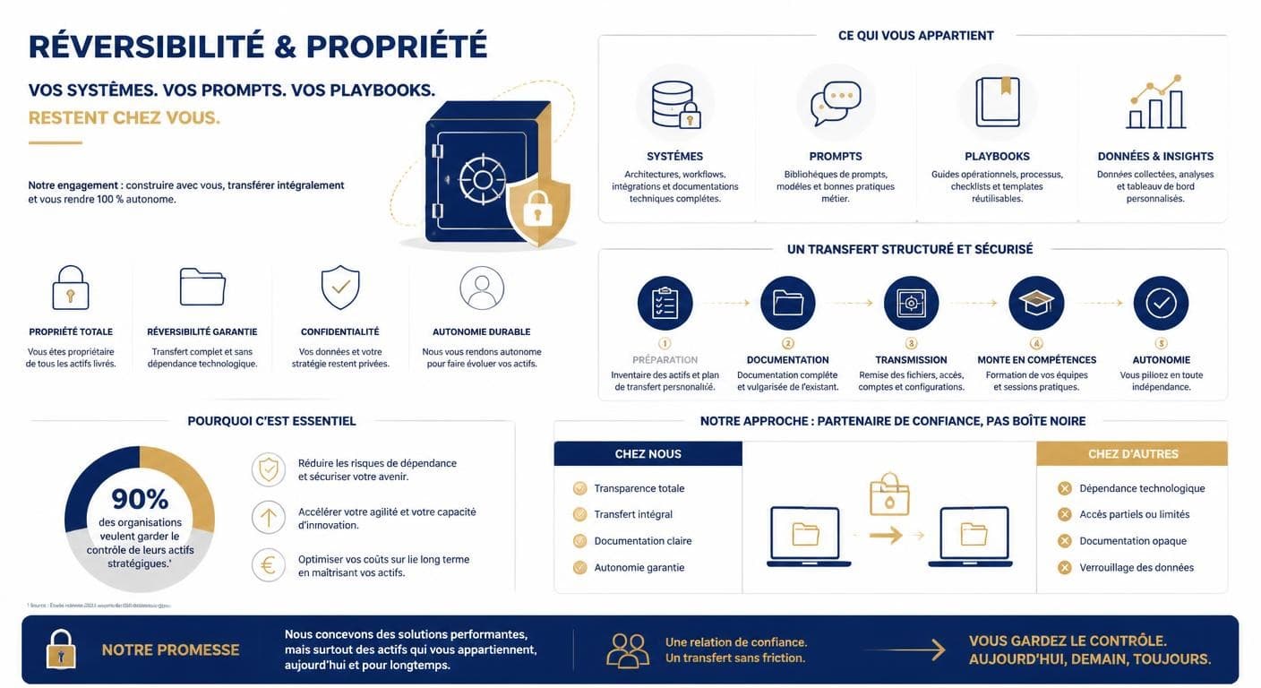 Infographie sur la réversibilité et la propriété des systèmes, prompts et playbooks