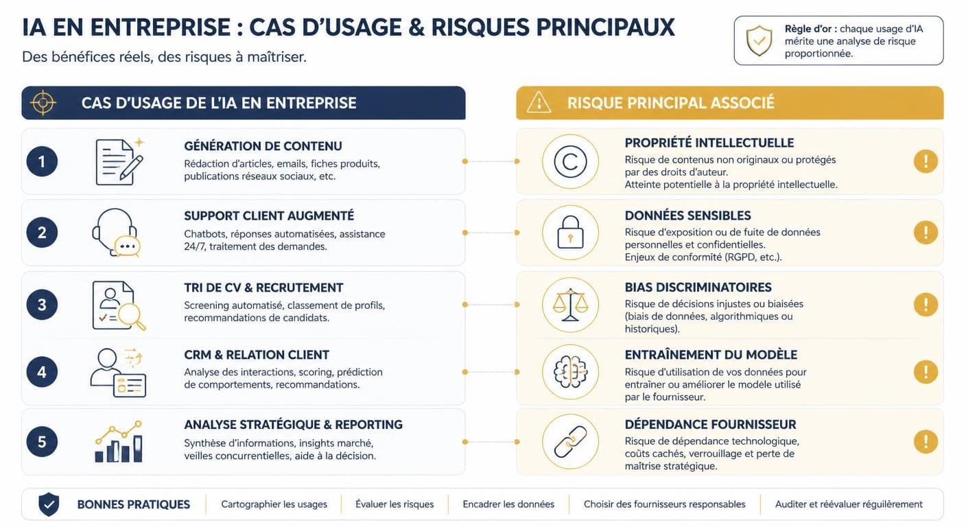Infographie associant chaque usage d'IA en entreprise à son risque majeur
