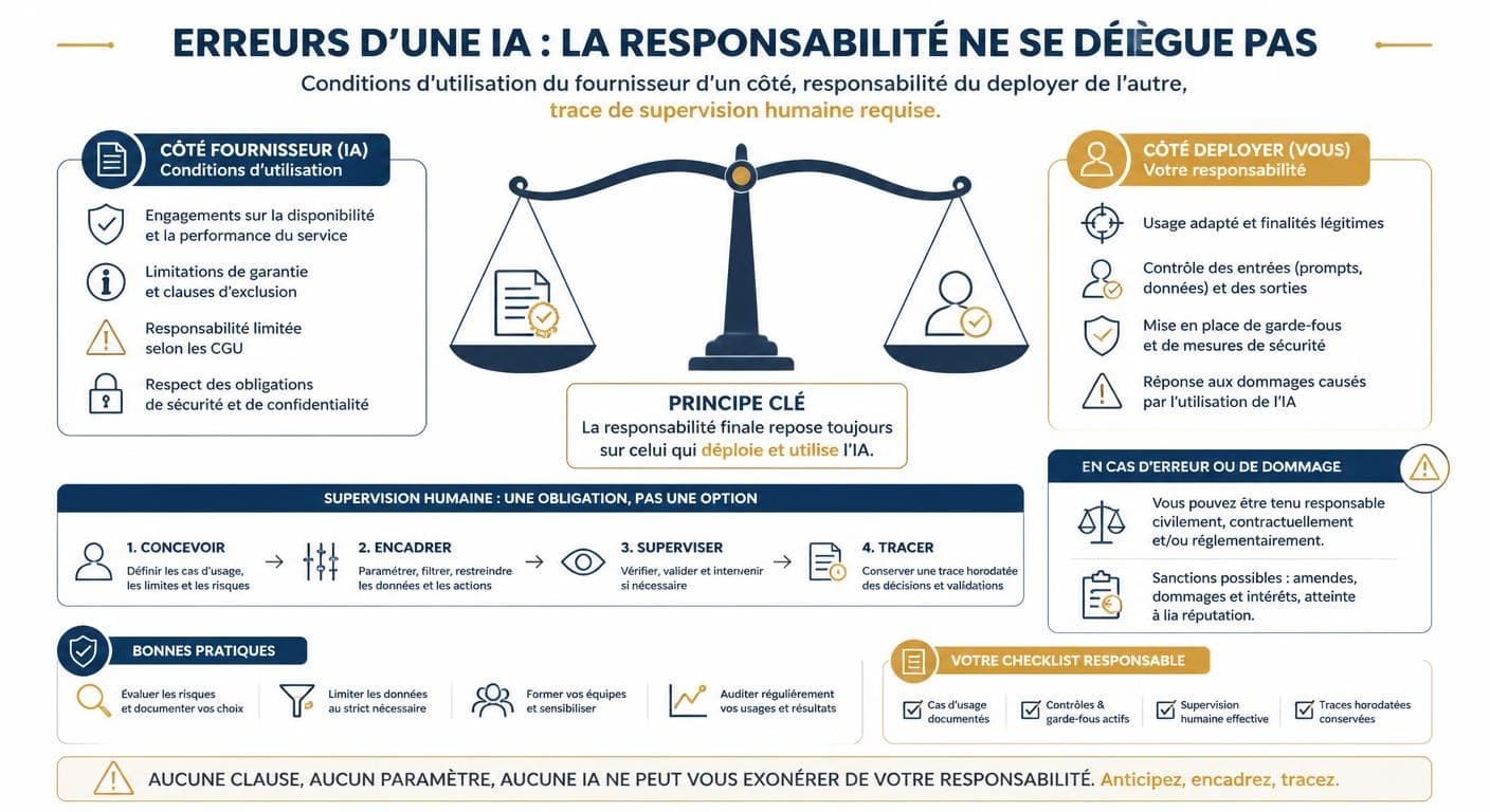Infographie montrant que la responsabilité des erreurs d'une IA ne se délègue pas