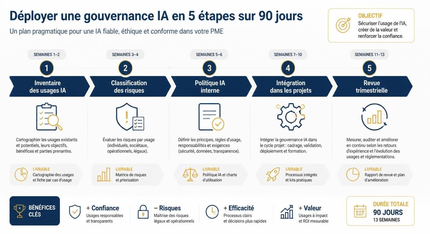 Infographie de la méthode de gouvernance IA en 5 étapes sur 90 jours