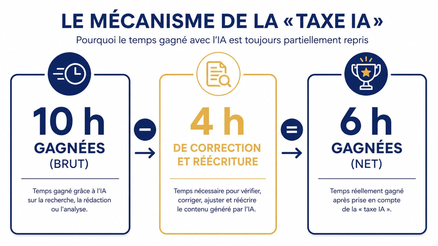 Infographie expliquant la taxe IA : dix heures gagnées moins quatre heures de correction égalent le temps net