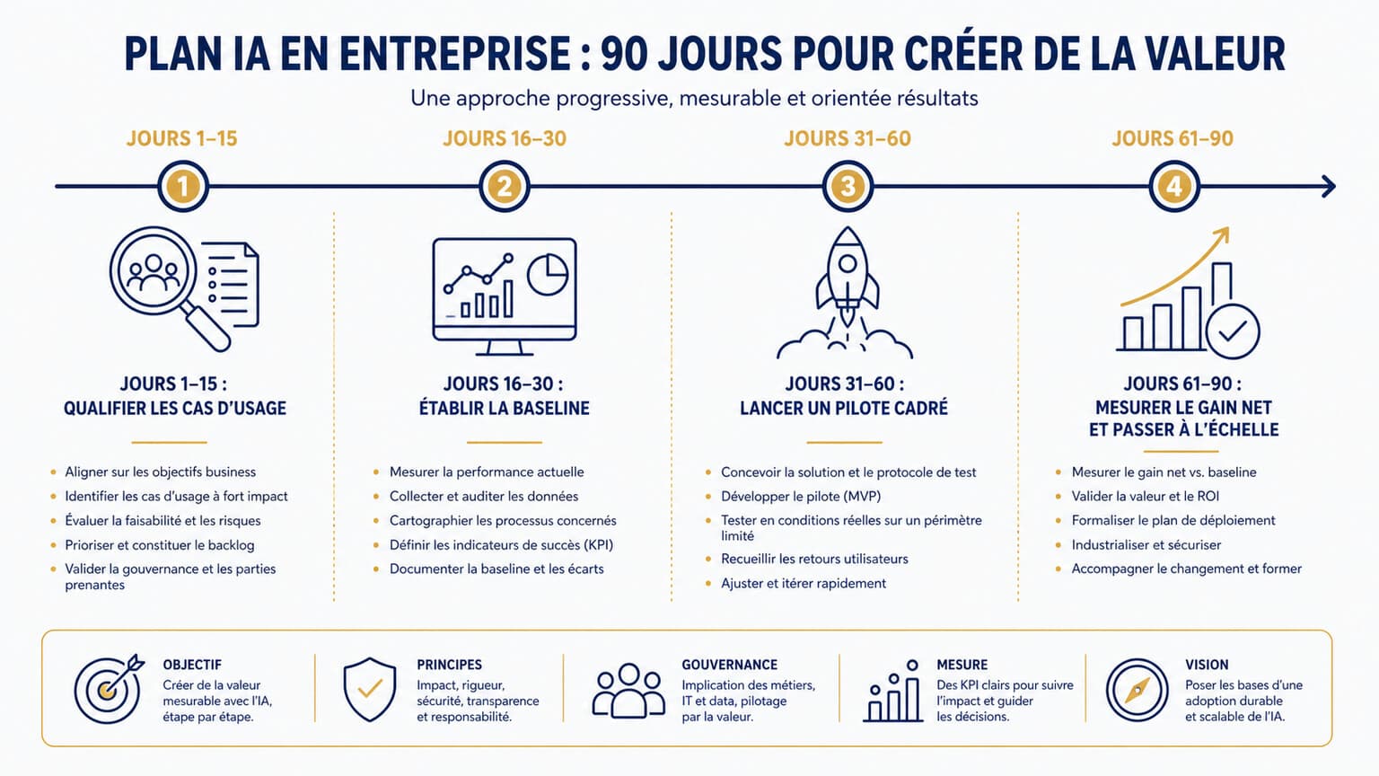 Infographie de la méthode en 90 jours pour un gain de temps mesurable grâce à l'IA