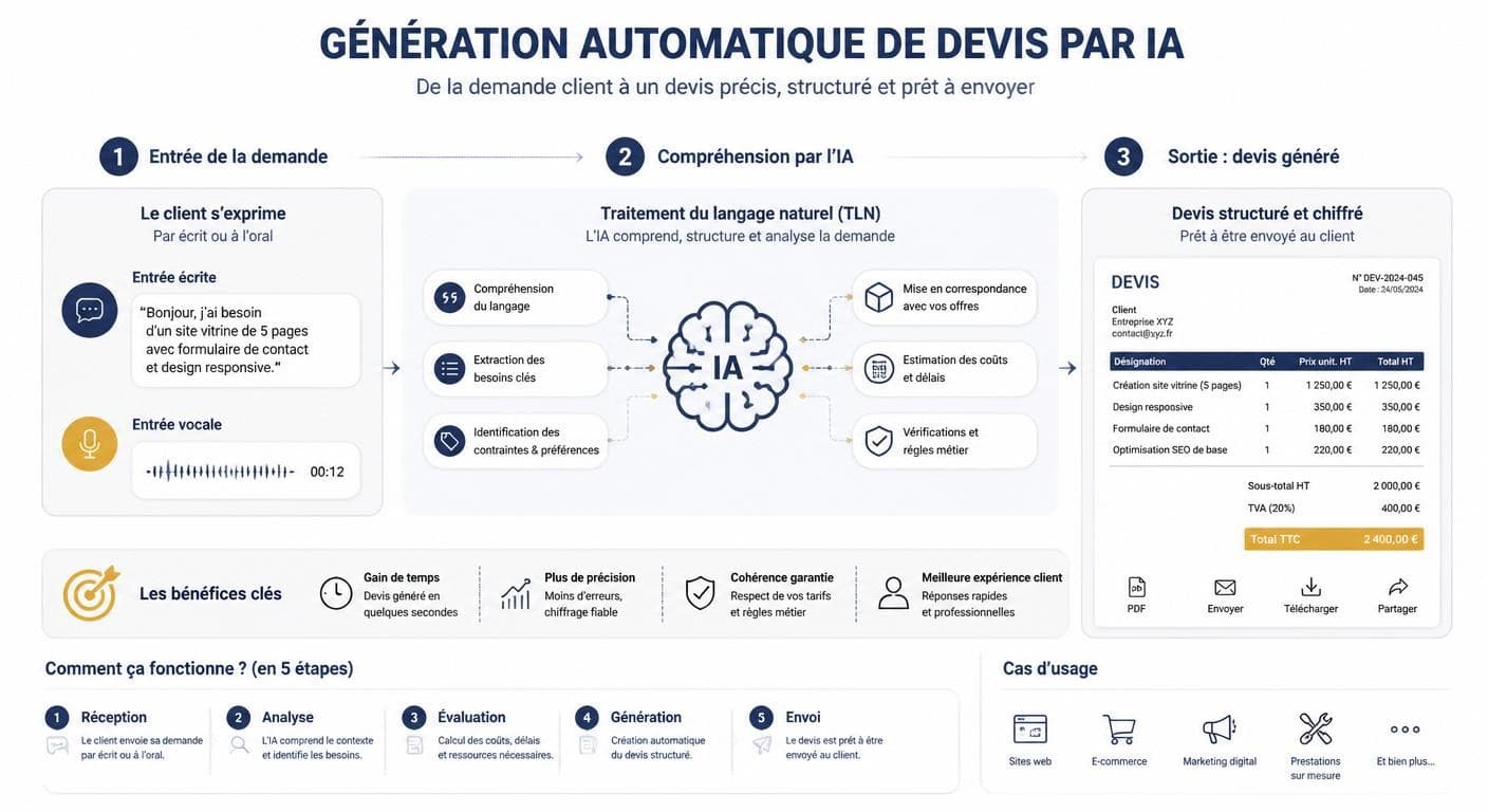 Infographie expliquant le fonctionnement de la génération automatique de devis par IA