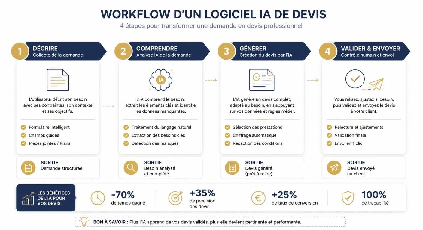 Infographie des quatre étapes d'un logiciel IA de création de devis