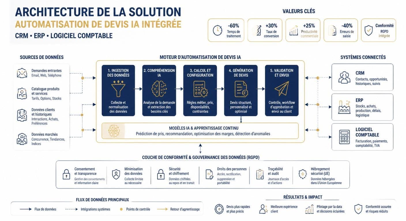 Infographie de l'intégration d'une solution d'automatisation de devis IA au système d'information