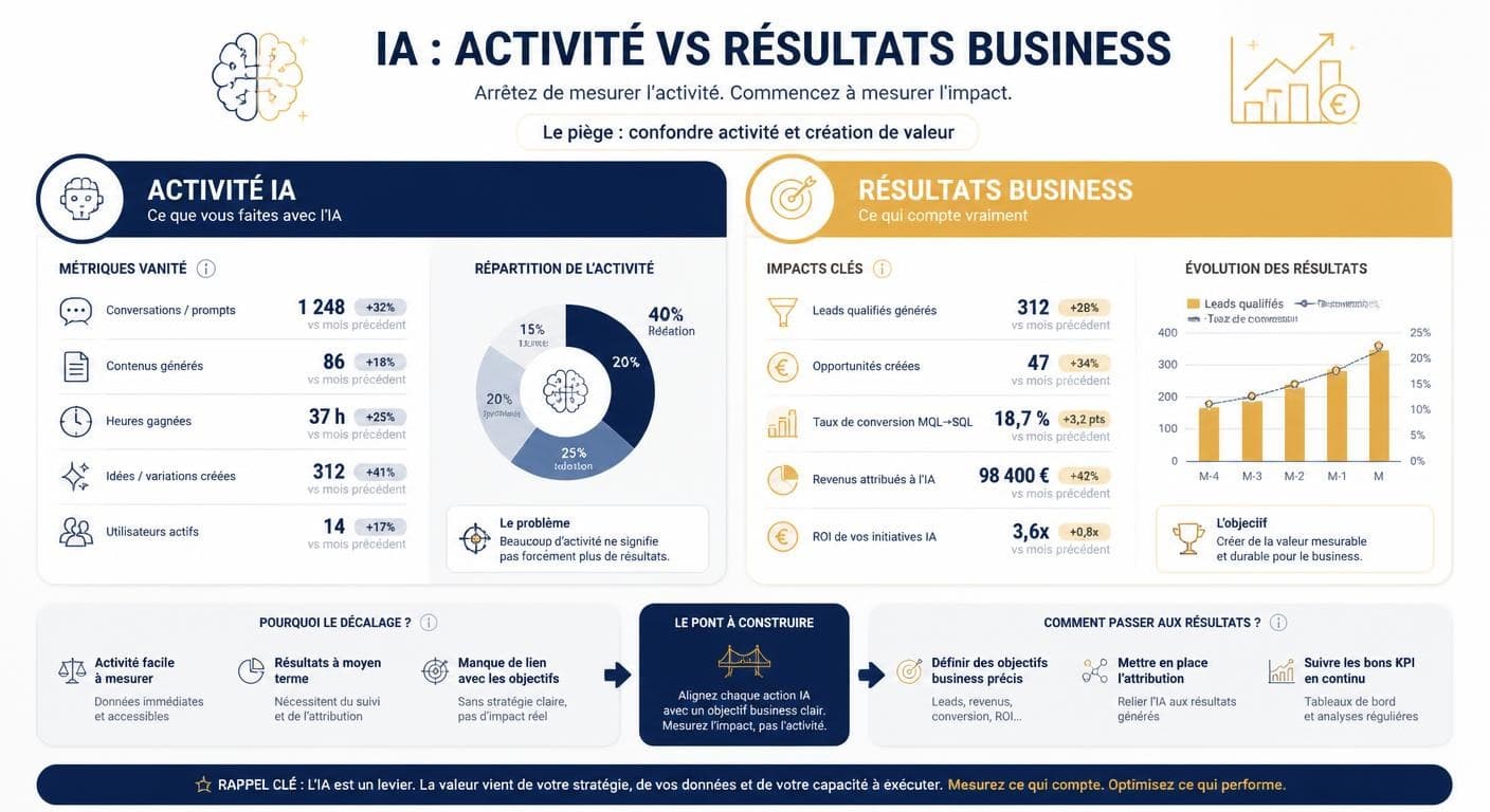 Infographie opposant les indicateurs d'activité IA aux résultats mesurables en marketing B2B