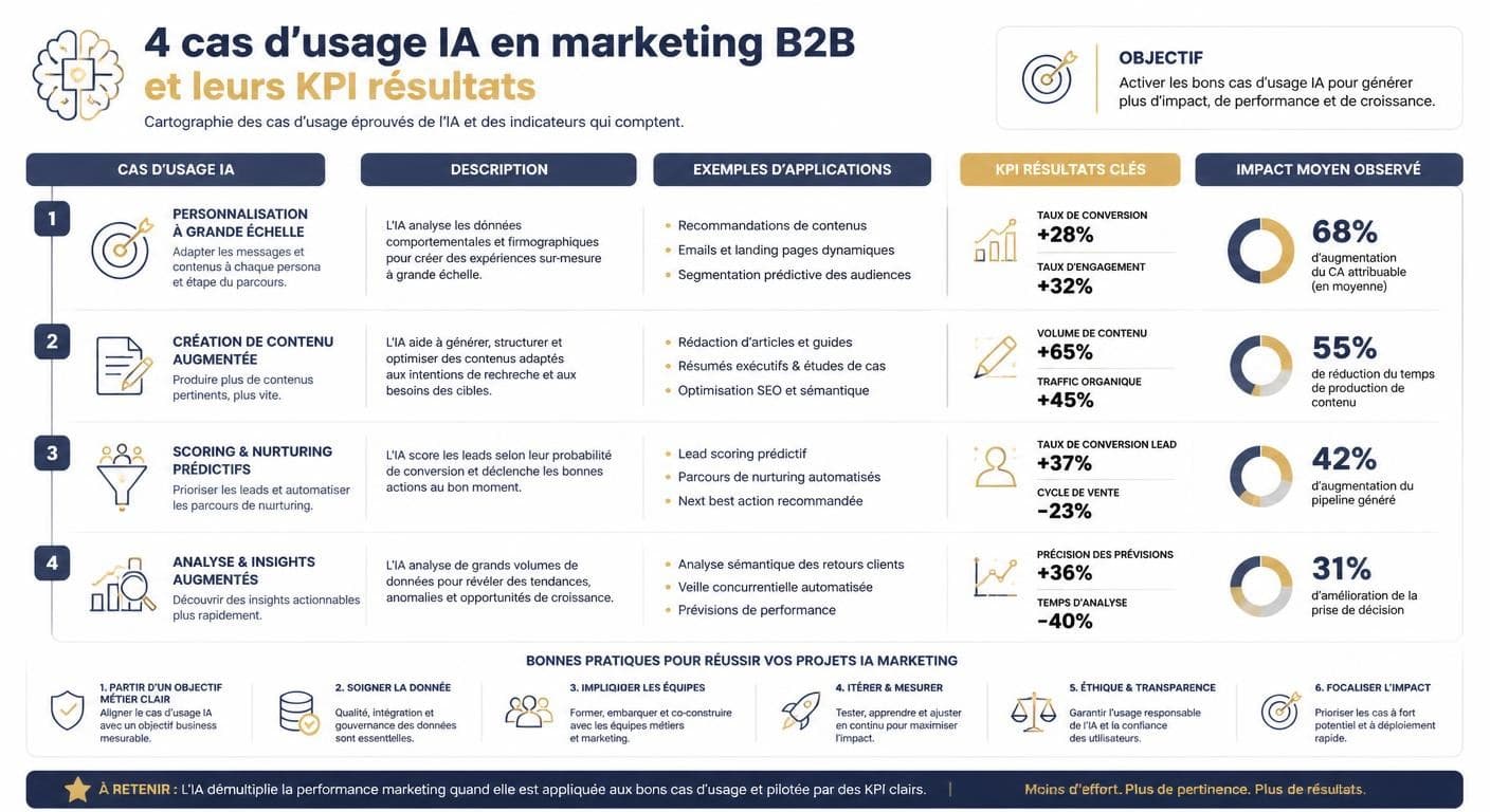 Infographie des cas d'usage IA marketing B2B à ROI prouvé et de leurs KPI