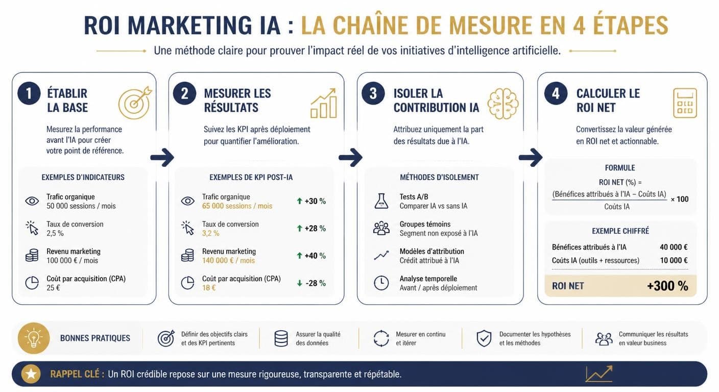 Infographie de la chaîne de mesure du ROI de l'IA en marketing B2B en quatre étapes