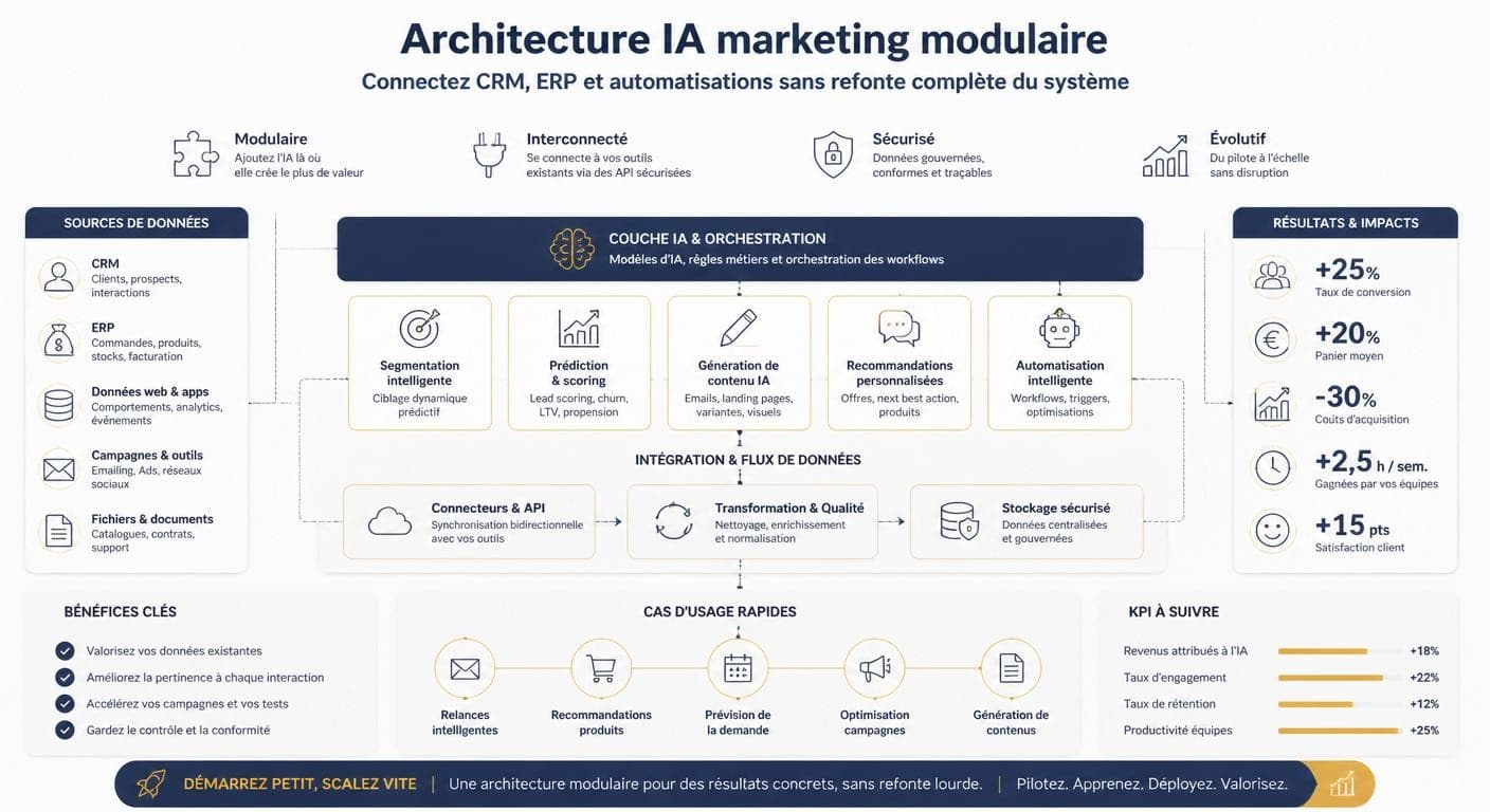 Infographie d'une architecture modulaire d'IA marketing connectée au CRM et à l'ERP