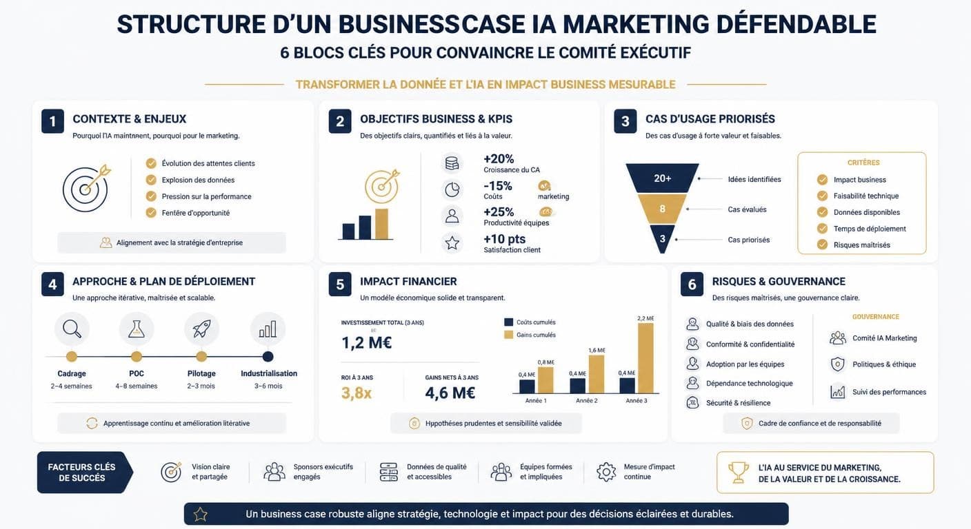Infographie de la structure d'un business case IA marketing défendable en CODIR