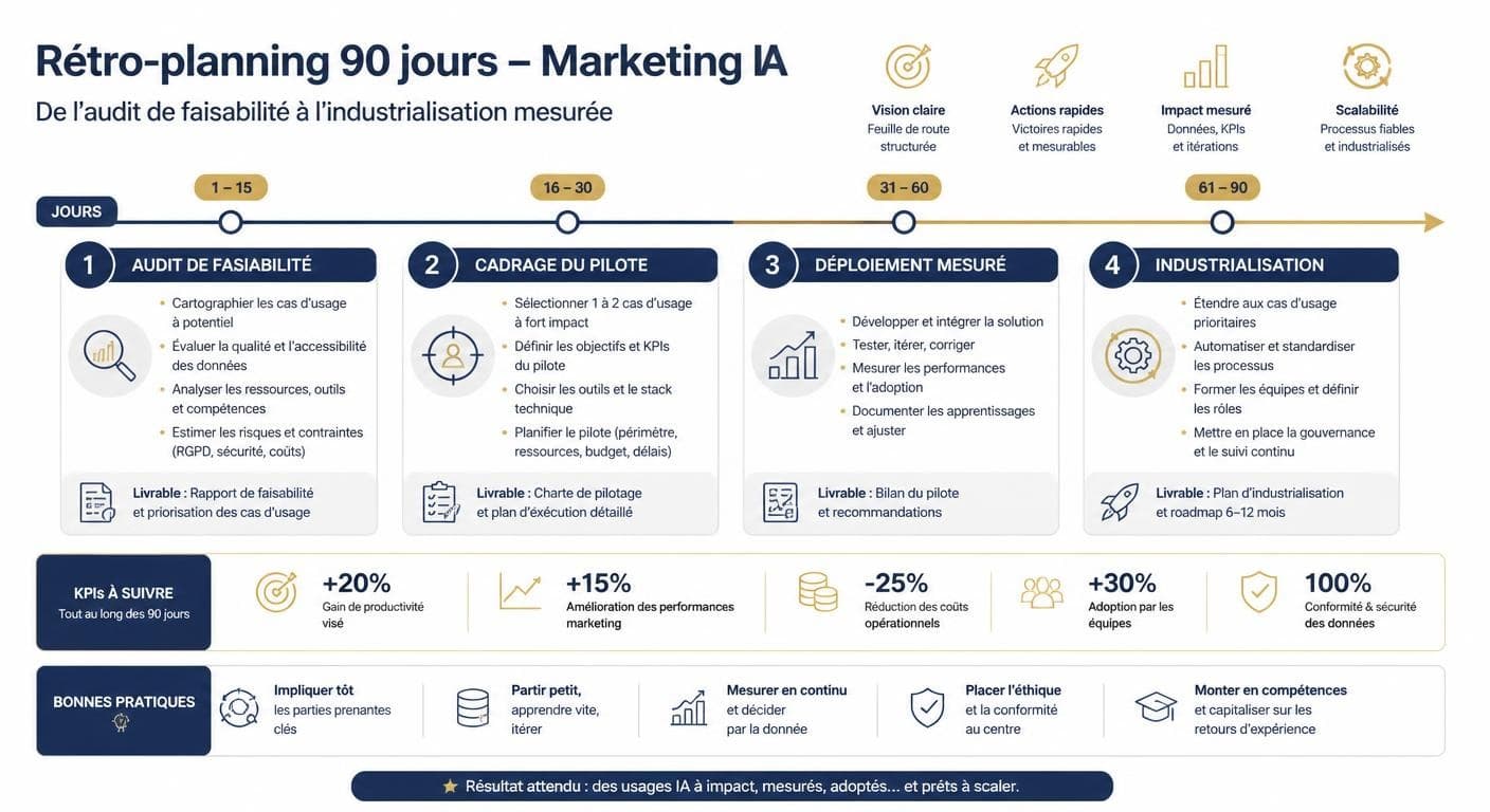 Infographie plein cadre du rétroplanning IA marketing B2B sur 90 jours