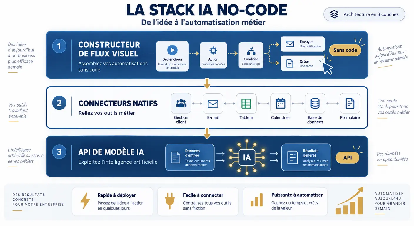 Schéma des trois couches d'une solution d'IA no-code en entreprise