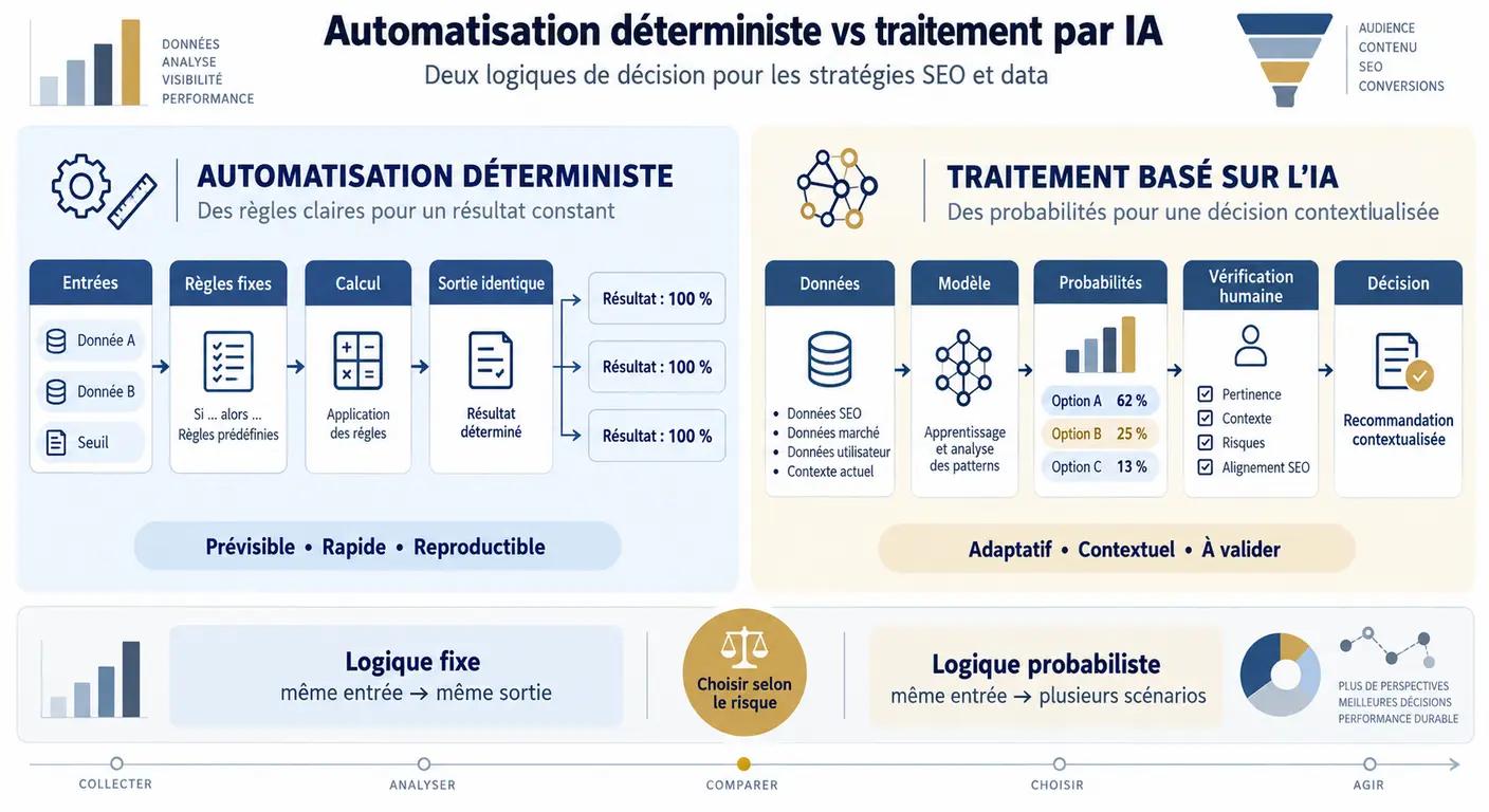 Comparaison entre automatisation déterministe et traitement par intelligence artificielle