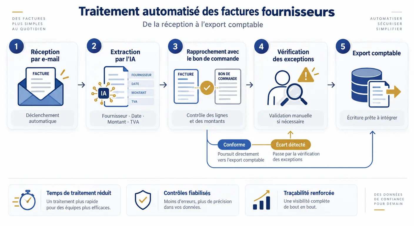 Flux automatisé de traitement des factures fournisseurs avec vérification par exception