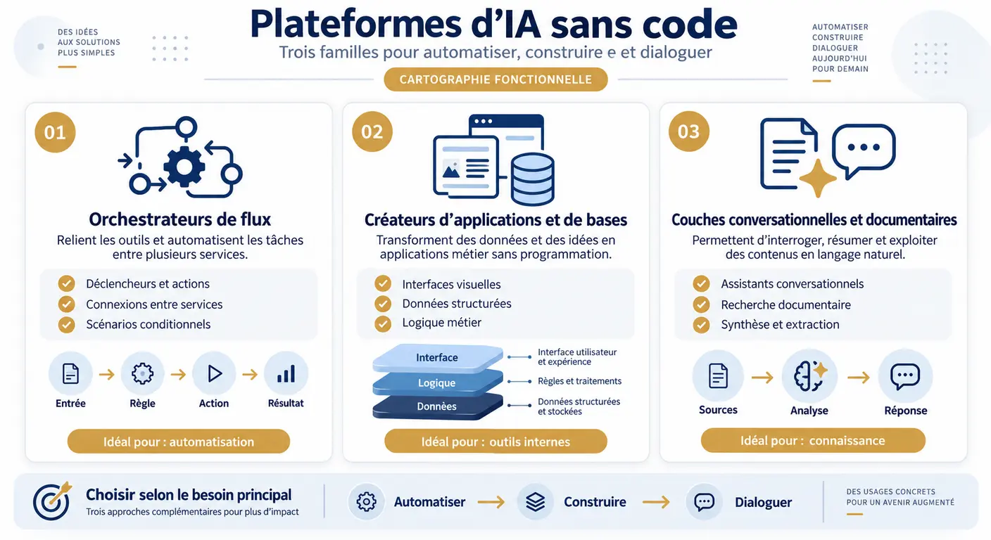Les trois familles de plateformes d'IA no-code classées par fonction