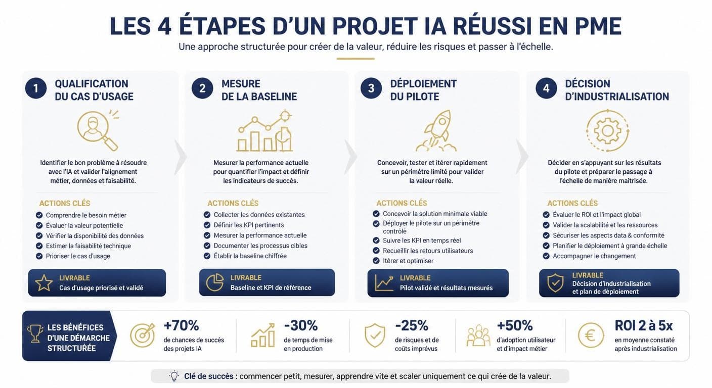 Infographie des 4 étapes d'un projet IA en PME