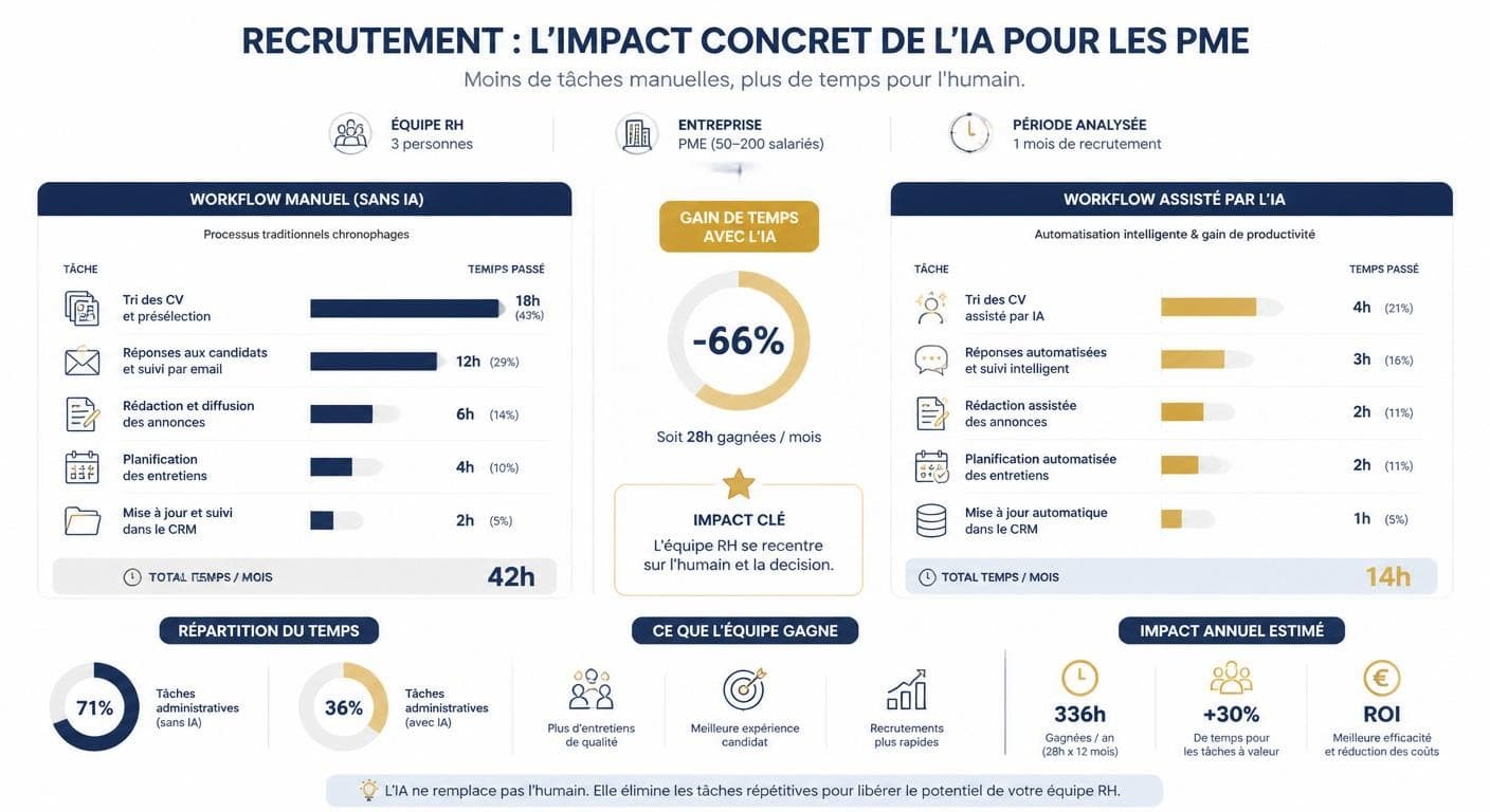 Infographie comparant le temps passé par une équipe RH de PME sur les tâches de recrutement manuelles et assistées par l'IA