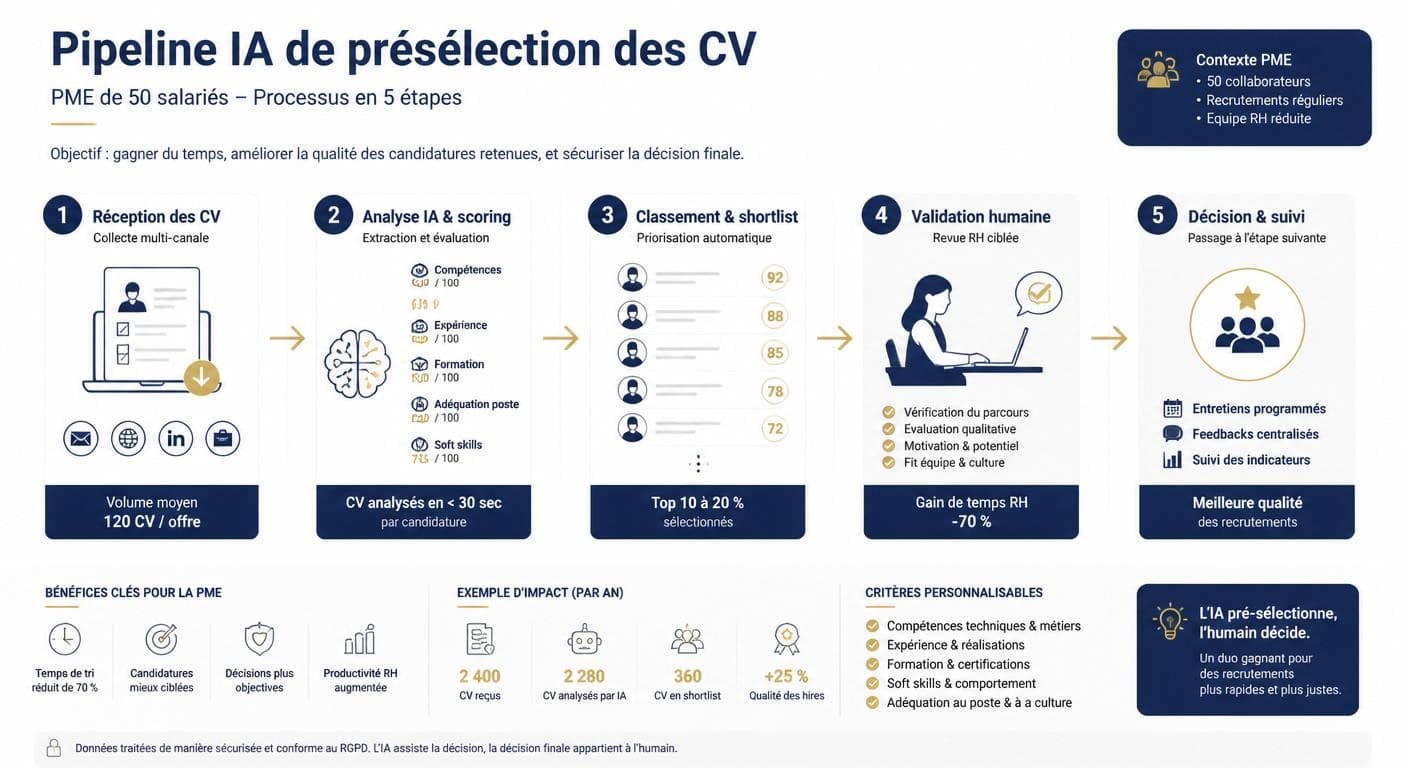 Infographie du processus de tri de CV par l'IA dans une PME de 50 salariés, de la réception à la validation humaine