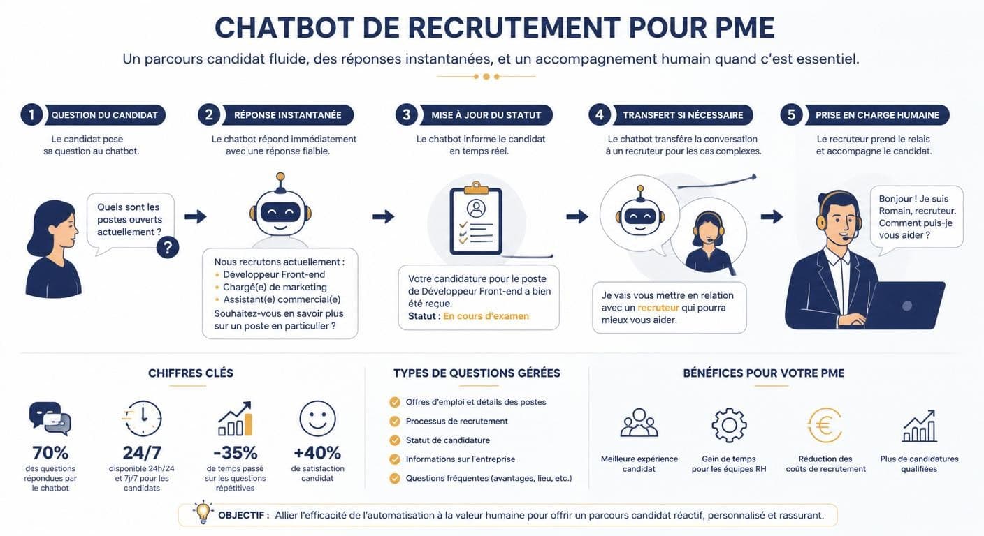 Infographie du parcours d'un chatbot de recrutement en PME, de la question candidat au relais vers le recruteur