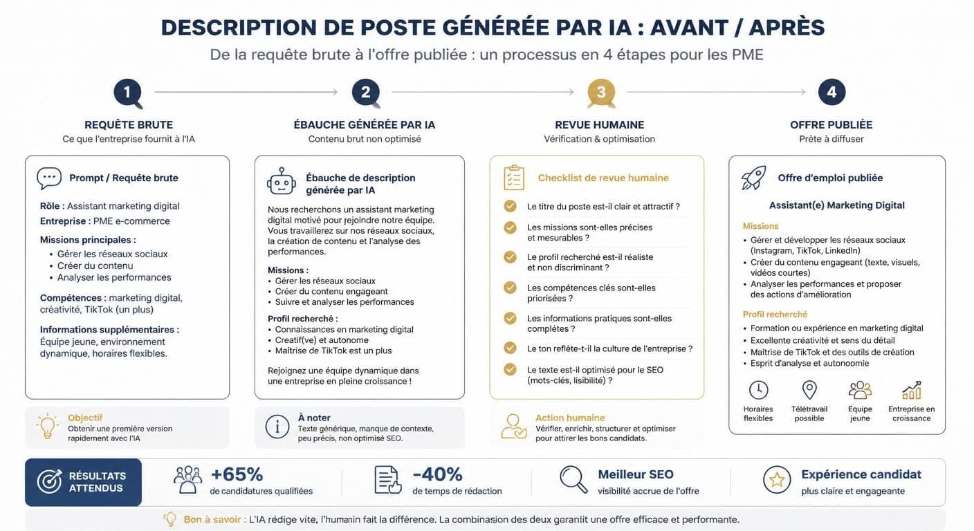 Infographie avant/après d'une fiche de poste rédigée par l'IA en PME, du prompt à l'offre publiée