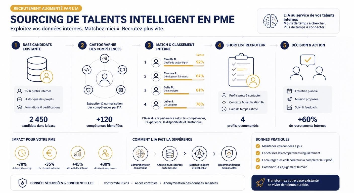 Infographie du sourcing de talents par l'IA en PME, de la base existante à la short-list du recruteur